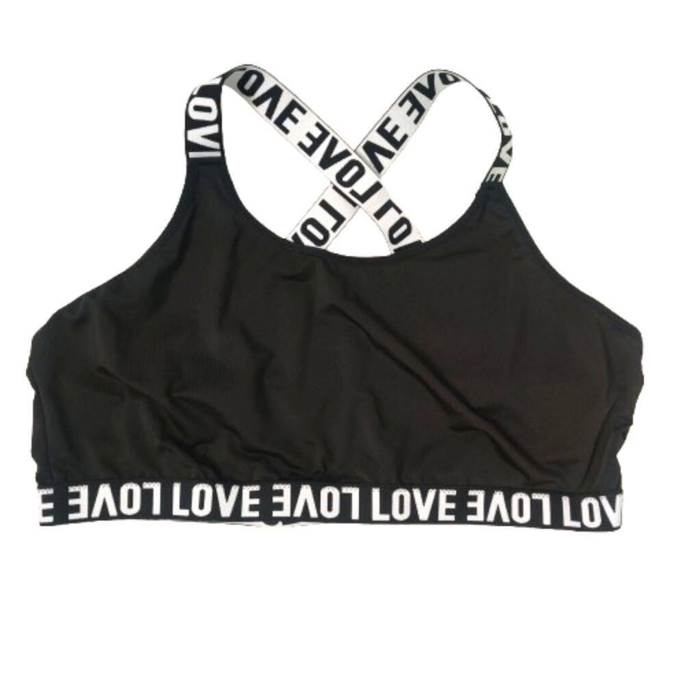 Womens 4XL Black Sports Bra LOVE Strappy Cross Back Elastic Band Plus Size Crop